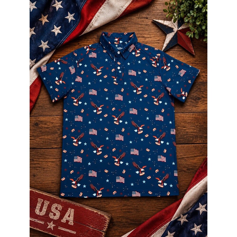 Tipsy Elves Men’s L Blue USA Flag Eagle Hot Dog Golf Polo Stretch